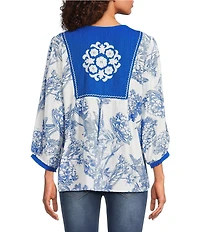 Calessa Woven Mosaic Embroidered Split Round Neck Bracelet Sleeve Tunic