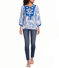 Calessa Woven Mosaic Embroidered Split Round Neck Bracelet Sleeve Tunic
