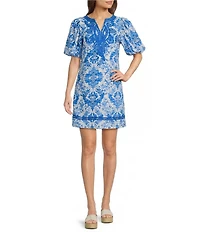 Calessa Woven Paisley Embroidered Split V-Neck Elbow Length Balloon Sleeve Shift Dress