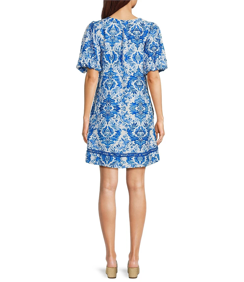 Calessa Woven Paisley Embroidered Split V-Neck Elbow Length Balloon Sleeve Shift Dress