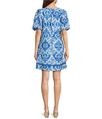 Calessa Woven Paisley Embroidered Split V-Neck Elbow Length Balloon Sleeve Shift Dress
