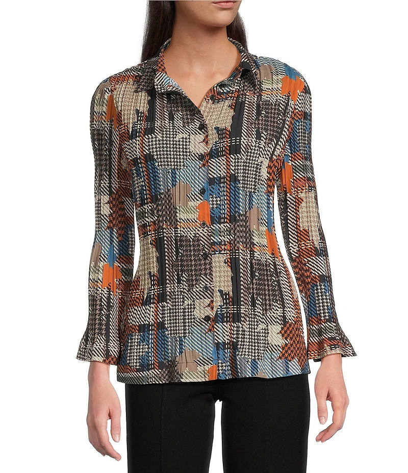 Calessa Woven Patchwork Check Print Spread Collar Long Sleeve Button-Front Flute Pleat Tunic