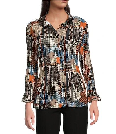 Calessa Woven Patchwork Check Print Spread Collar Long Sleeve Button-Front Flute Pleat Tunic