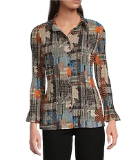 Calessa Woven Patchwork Check Print Spread Collar Long Sleeve Button-Front Flute Pleat Tunic