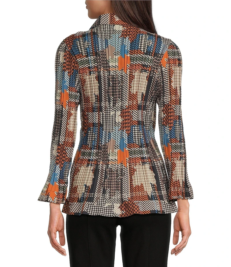 Calessa Woven Patchwork Check Print Spread Collar Long Sleeve Button-Front Flute Pleat Tunic