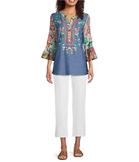 Calessa Woven Patchwork Embroidered Split V-Neck 3/4 Sleeve Tunic