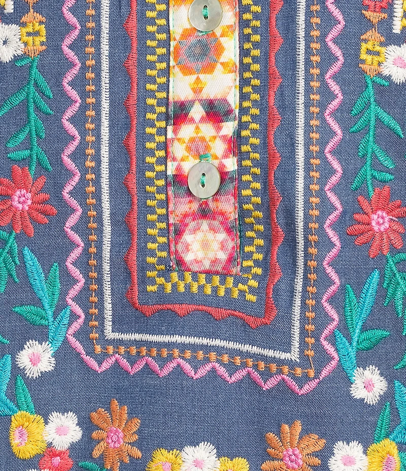 Calessa Woven Patchwork Embroidered Split V-Neck 3/4 Sleeve Tunic