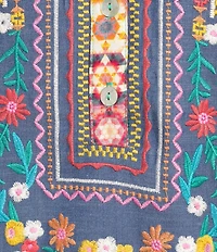 Calessa Woven Patchwork Embroidered Split V-Neck 3/4 Sleeve Tunic