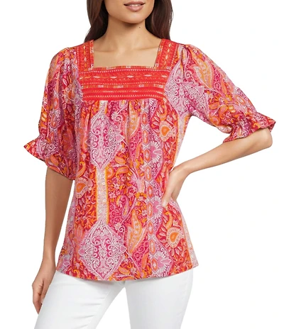 Calessa Woven Patchwork Square Neck Short Sleeve Embroidered Tunic