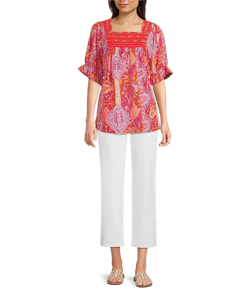 Calessa Woven Patchwork Square Neck Short Sleeve Embroidered Tunic