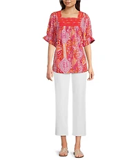 Calessa Woven Patchwork Square Neck Short Sleeve Embroidered Tunic
