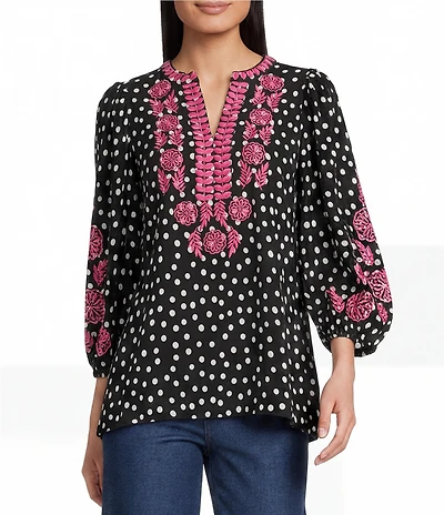 Calessa Woven Polka Dot Embroidered Split V-Neck 3/4 Sleeve Tunic