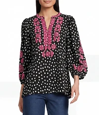 Calessa Woven Polka Dot Embroidered Split V-Neck 3/4 Sleeve Tunic