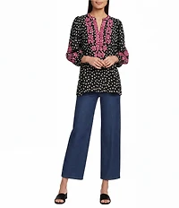 Calessa Woven Polka Dot Embroidered Split V-Neck 3/4 Sleeve Tunic