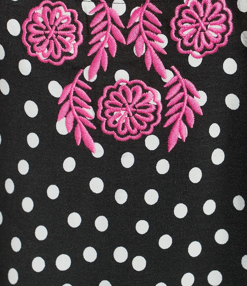 Calessa Woven Polka Dot Embroidered Split V-Neck 3/4 Sleeve Tunic