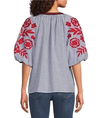 Calessa Woven Split Round Neck Striped Embroidered Elbow Sleeve Tunic
