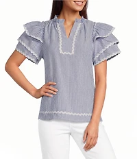 Calessa Woven Split Stand Round Neck Short Layered Sleeve Tunic