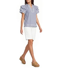 Calessa Woven Split Stand Round Neck Short Layered Sleeve Tunic