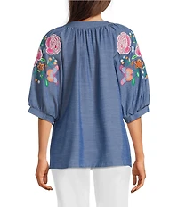Calessa Woven Tencel Split V-Neck Embroidered Balloon Elbow Length Sleeve Tunic