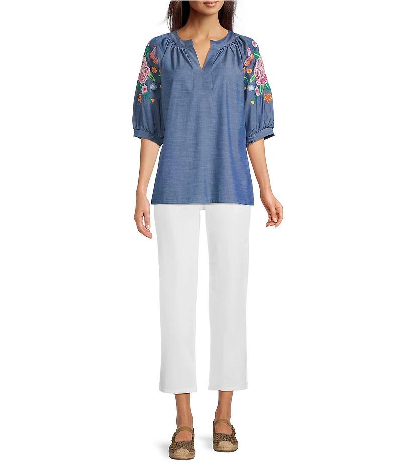 Calessa Woven Tencel Split V-Neck Embroidered Balloon Elbow Length Sleeve Tunic