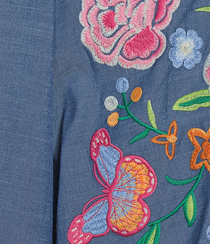 Calessa Woven Tencel Split V-Neck Embroidered Balloon Elbow Length Sleeve Tunic