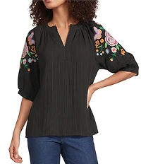 Calessa Woven Split V-Neck Embroidered Balloon Elbow Length Sleeve Tunic