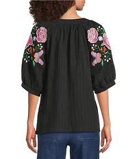Calessa Woven Split V-Neck Embroidered Balloon Elbow Length Sleeve Tunic