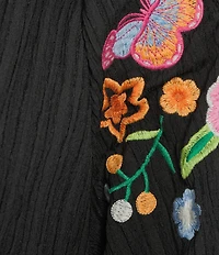 Calessa Woven Split V-Neck Embroidered Balloon Elbow Length Sleeve Tunic
