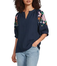 Calessa Woven Split V-Neck Embroidered Balloon Elbow Length Sleeve Tunic