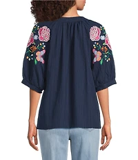 Calessa Woven Split V-Neck Embroidered Balloon Elbow Length Sleeve Tunic