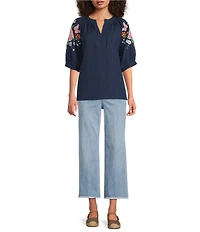 Calessa Woven Split V-Neck Embroidered Balloon Elbow Length Sleeve Tunic