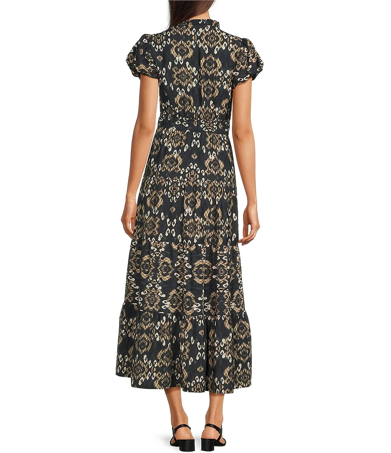 Calessa Woven Split V-Neck Puff Sleeve A-Line Midi Dress