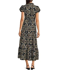 Calessa Woven Split V-Neck Puff Sleeve A-Line Midi Dress