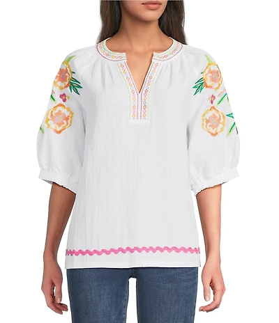 Calessa Woven Split V-Neck Short Embroidered Balloon Sleeve Ric-Rac Trim Tunic