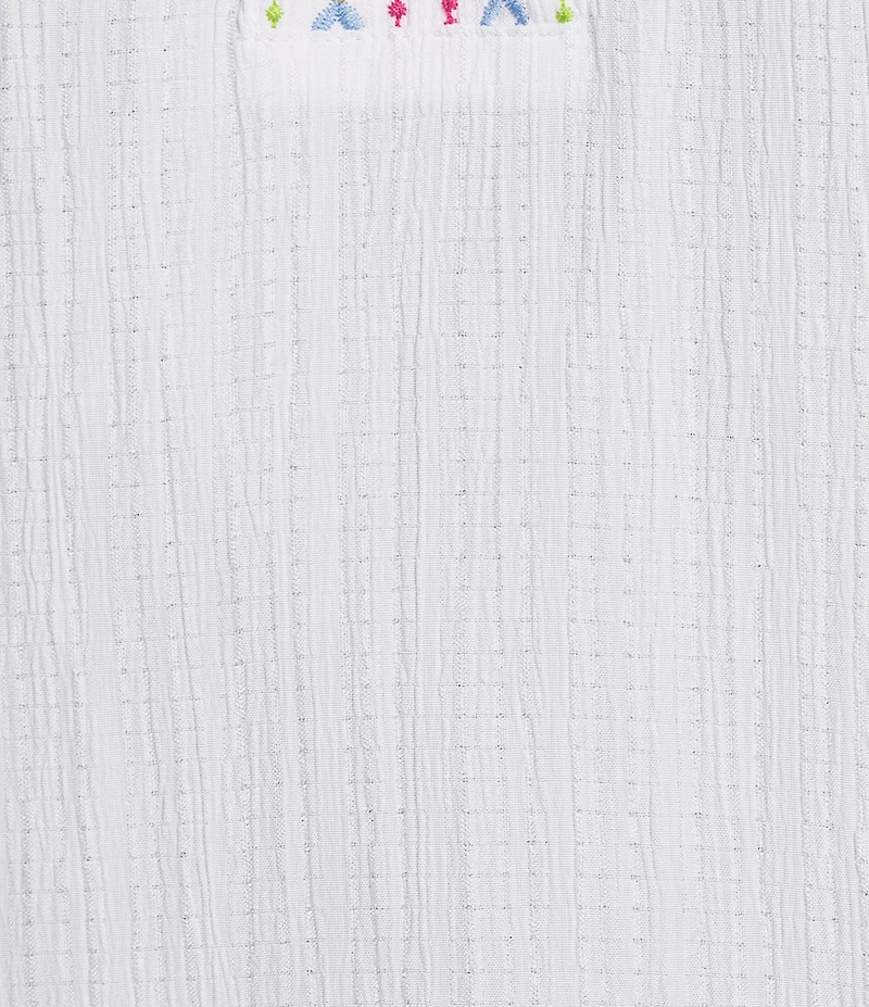 Calessa Woven Split V-Neck Short Embroidered Balloon Sleeve Ric-Rac Trim Tunic