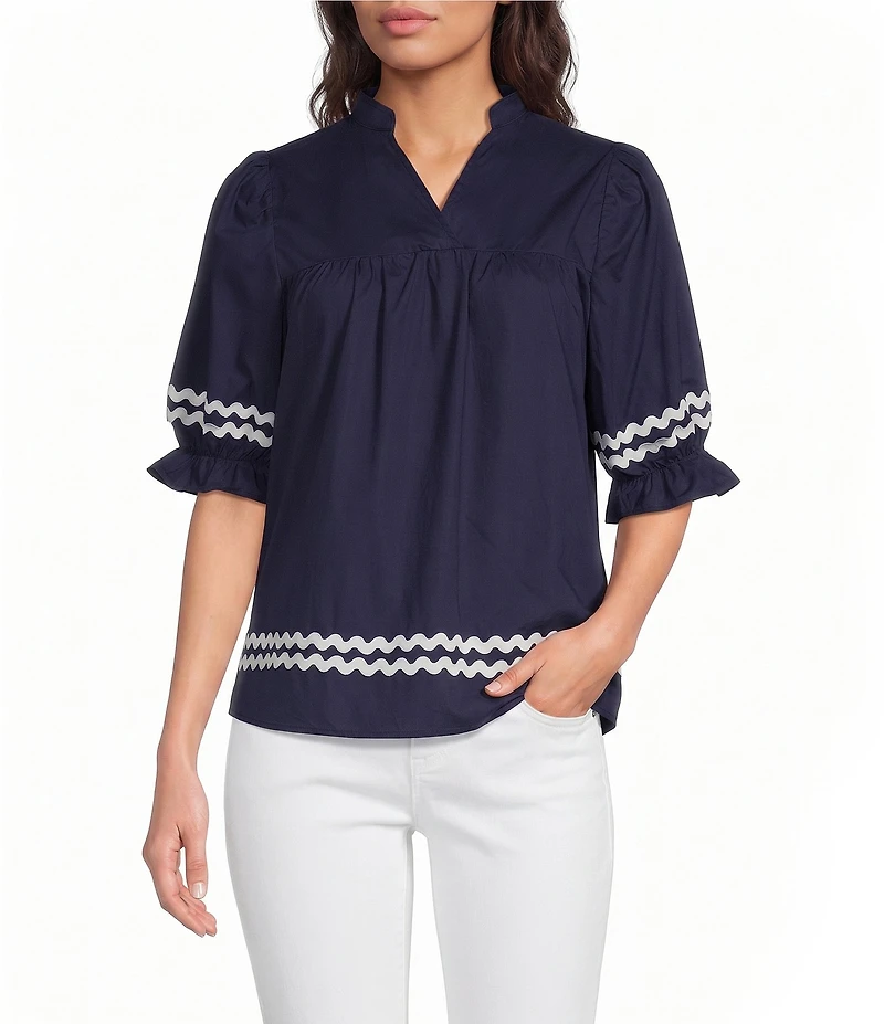 Calessa Woven Split V-Neck Elbow Length Sleeve Ric-Rac Trim Tunic