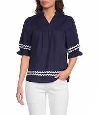 Calessa Woven Split V-Neck Elbow Length Sleeve Ric-Rac Trim Tunic