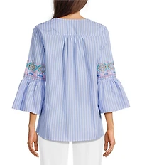 Calessa Woven Stripe Embroidered Split V-Neck 3/4 Bell Sleeve Tunic