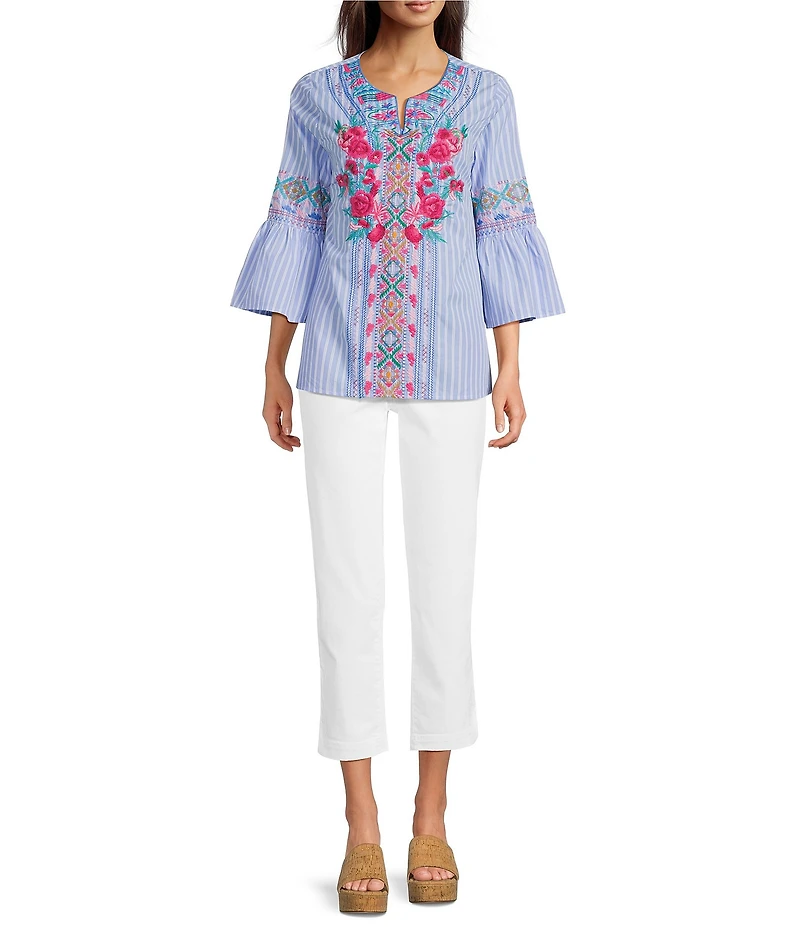 Calessa Woven Stripe Embroidered Split V-Neck 3/4 Bell Sleeve Tunic