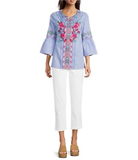 Calessa Woven Stripe Embroidered Split V-Neck 3/4 Bell Sleeve Tunic