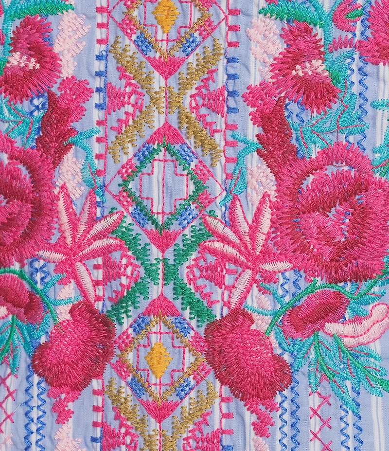 Calessa Woven Stripe Embroidered Split V-Neck 3/4 Bell Sleeve Tunic