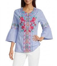Calessa Woven Stripe Embroidered Split V-Neck 3/4 Bell Sleeve Tunic