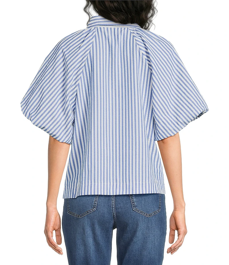 Calessa Woven Stripe Point Collar Elbow Length Balloon Sleeve Button Front Shirt