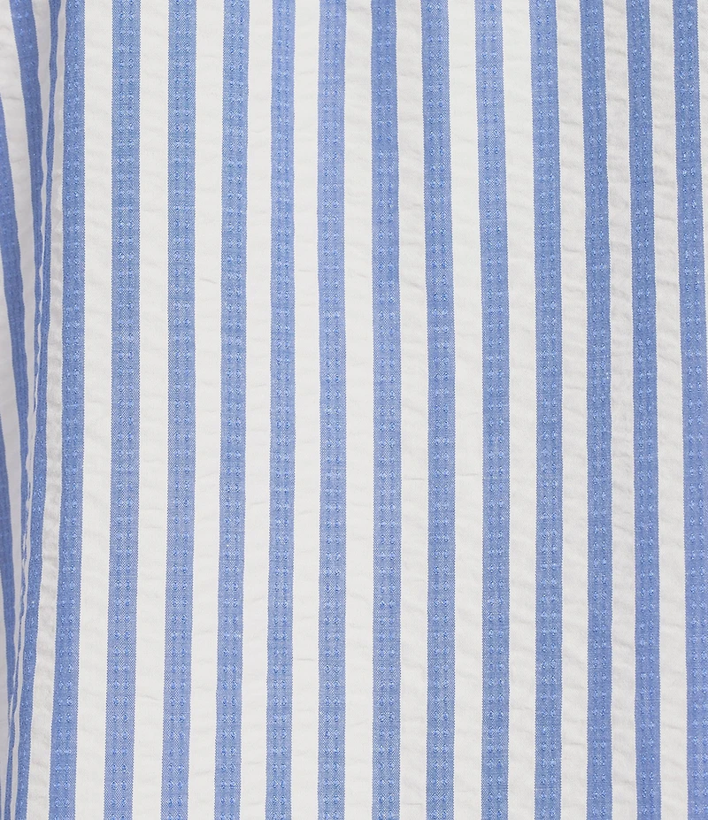 Calessa Woven Stripe Point Collar Elbow Length Balloon Sleeve Button Front Shirt