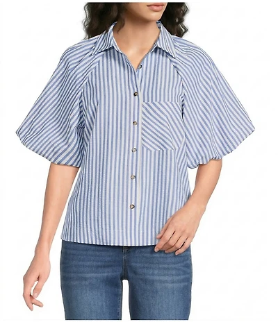 Calessa Woven Stripe Point Collar Elbow Length Balloon Sleeve Button Front Shirt