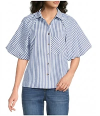 Calessa Woven Stripe Point Collar Elbow Length Balloon Sleeve Button Front Shirt