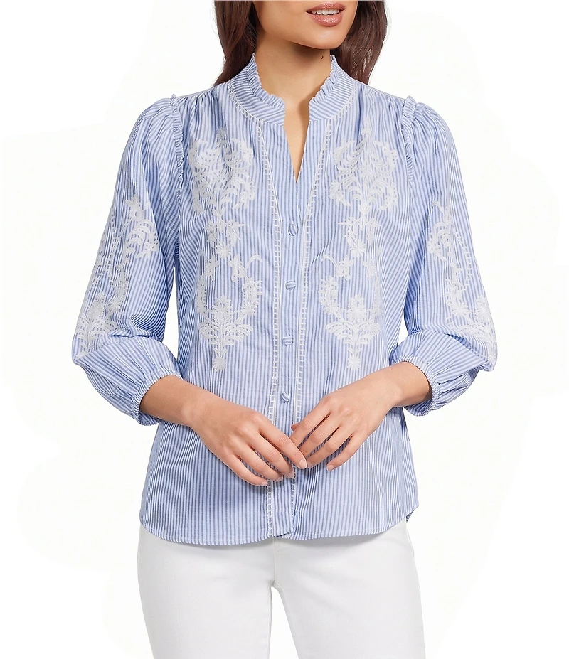 Calessa Woven Stripe Split V-Neck 3/4 Balloon Sleeve Embroidered Button Front Tunic