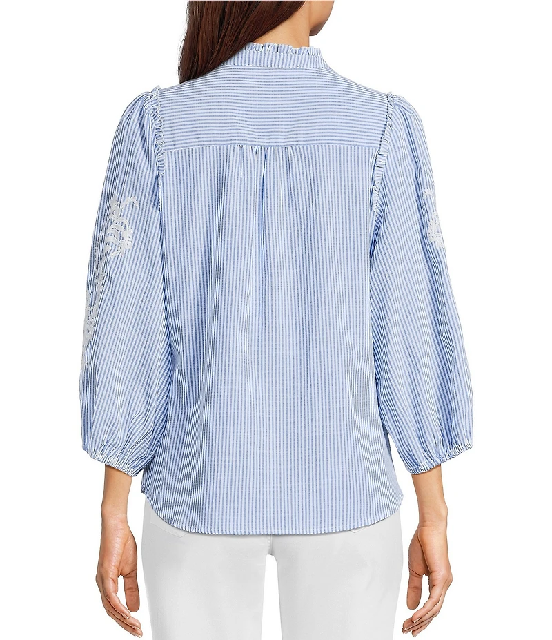 Calessa Woven Stripe Split V-Neck 3/4 Balloon Sleeve Embroidered Button Front Tunic