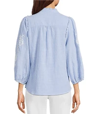 Calessa Woven Stripe Split V-Neck 3/4 Balloon Sleeve Embroidered Button Front Tunic