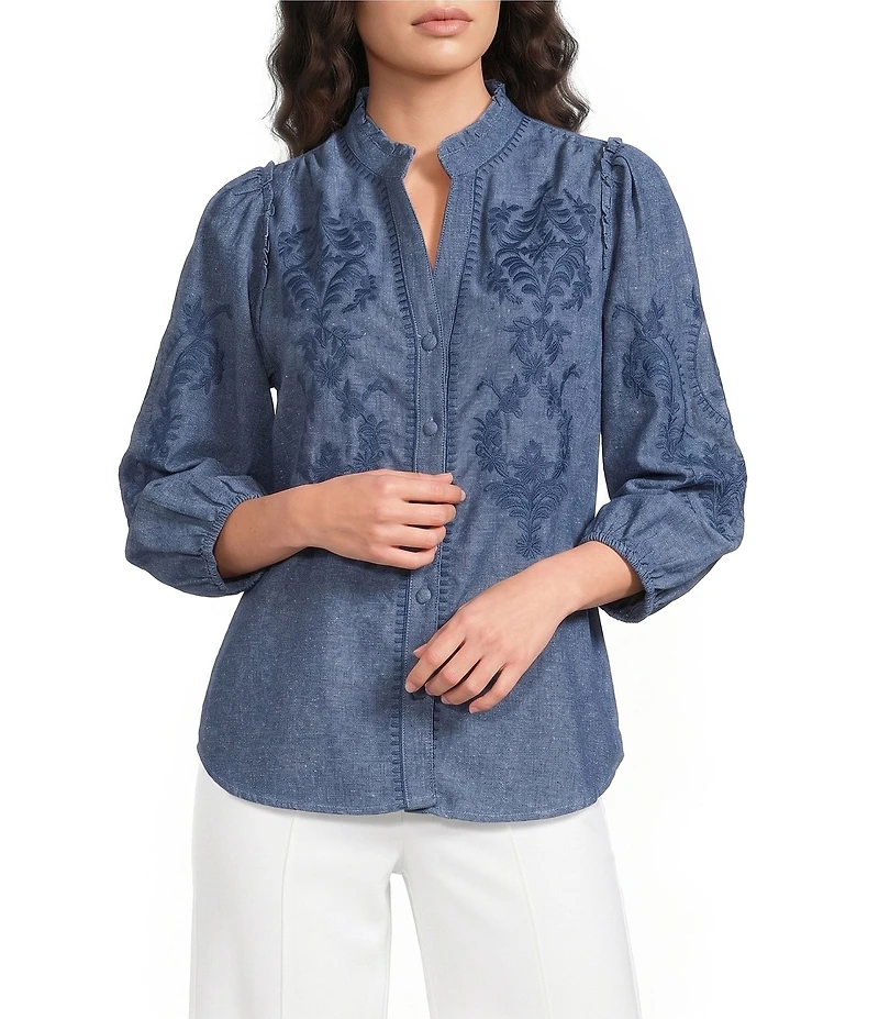Calessa Woven Stripe Split V-Neck 3/4 Balloon Sleeve Embroidered Button Front Tunic